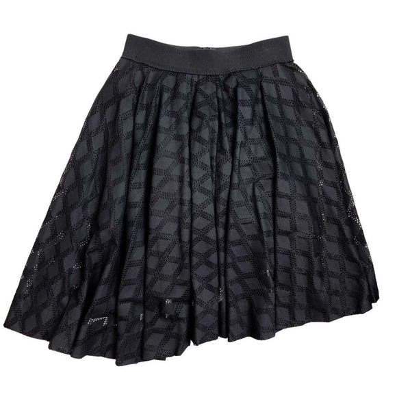 Sandro Windowpane Smocked Midi Skirt Asymmetrical Lined Stretch Black 2 - Picture 1 of 9